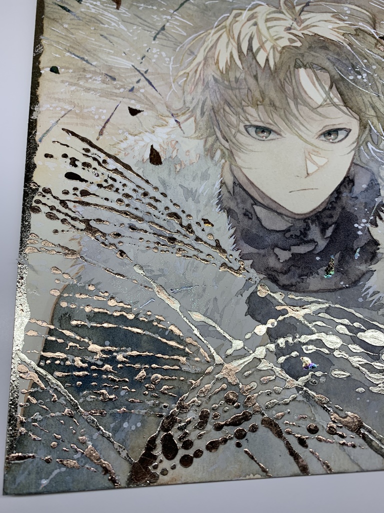 オリジナル 手描きイラスト 男の子 青年 「黄金色に輝いて」 正方形サイズ 透明水彩