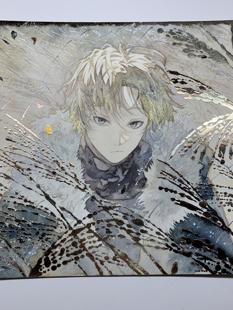 オリジナル 手描きイラスト 男の子 青年 「黄金色に輝いて」 正方形サイズ 透明水彩