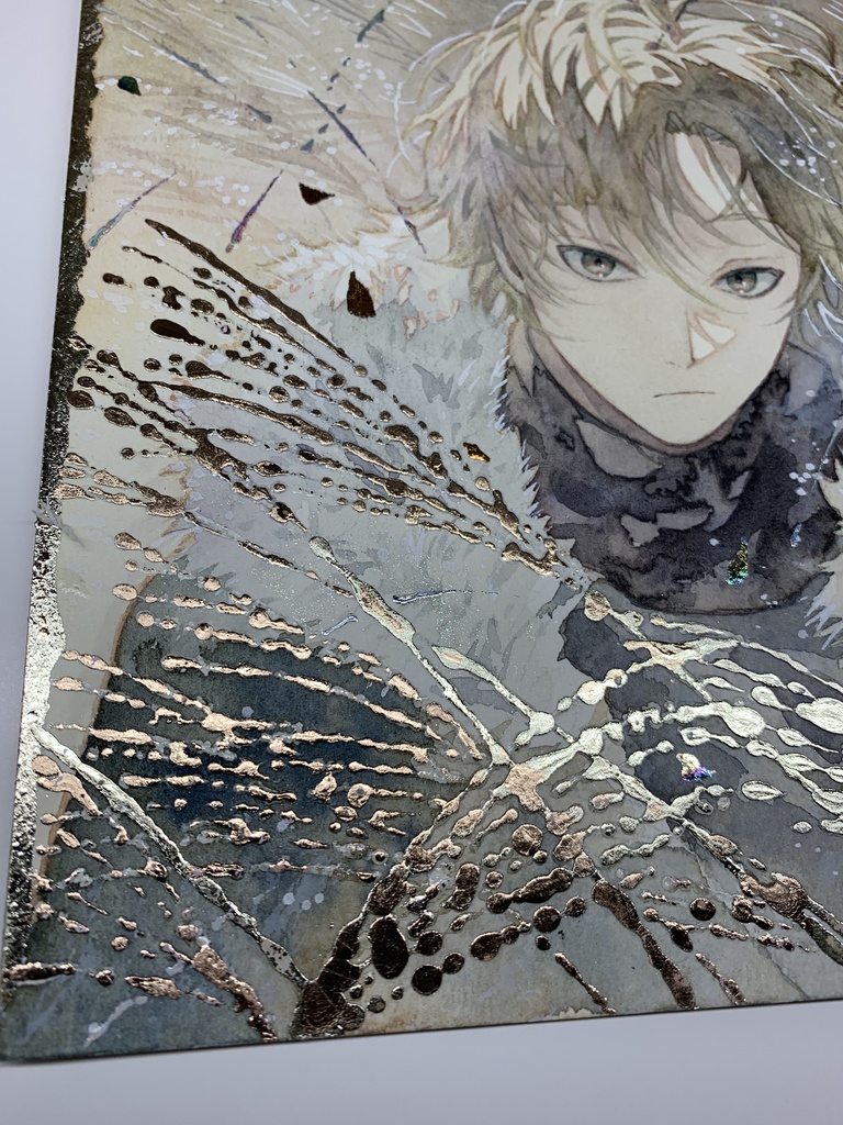オリジナル 手描きイラスト 男の子 青年 「黄金色に輝いて」 正方形サイズ 透明水彩