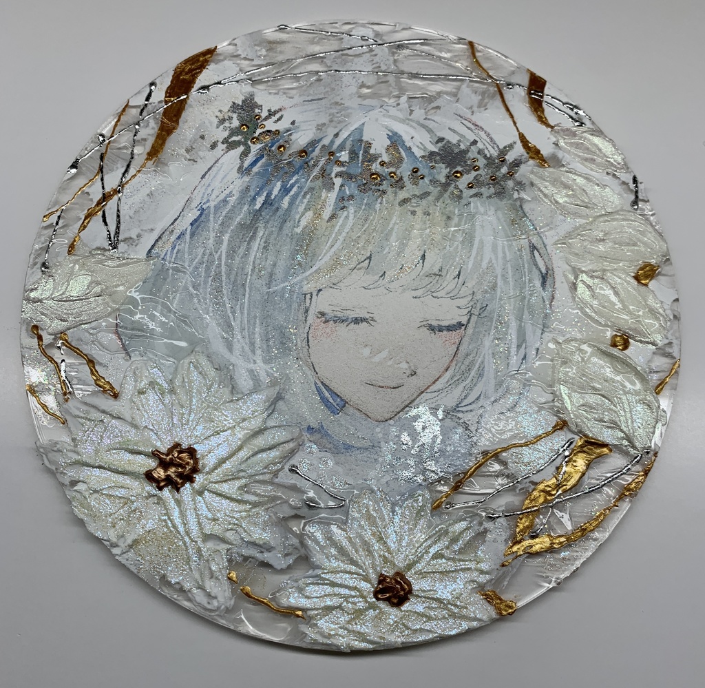 オリジナル 手描きイラスト 女の子 「祝福に囲まれて」 アクリル板 丸型サイズ 透明水彩