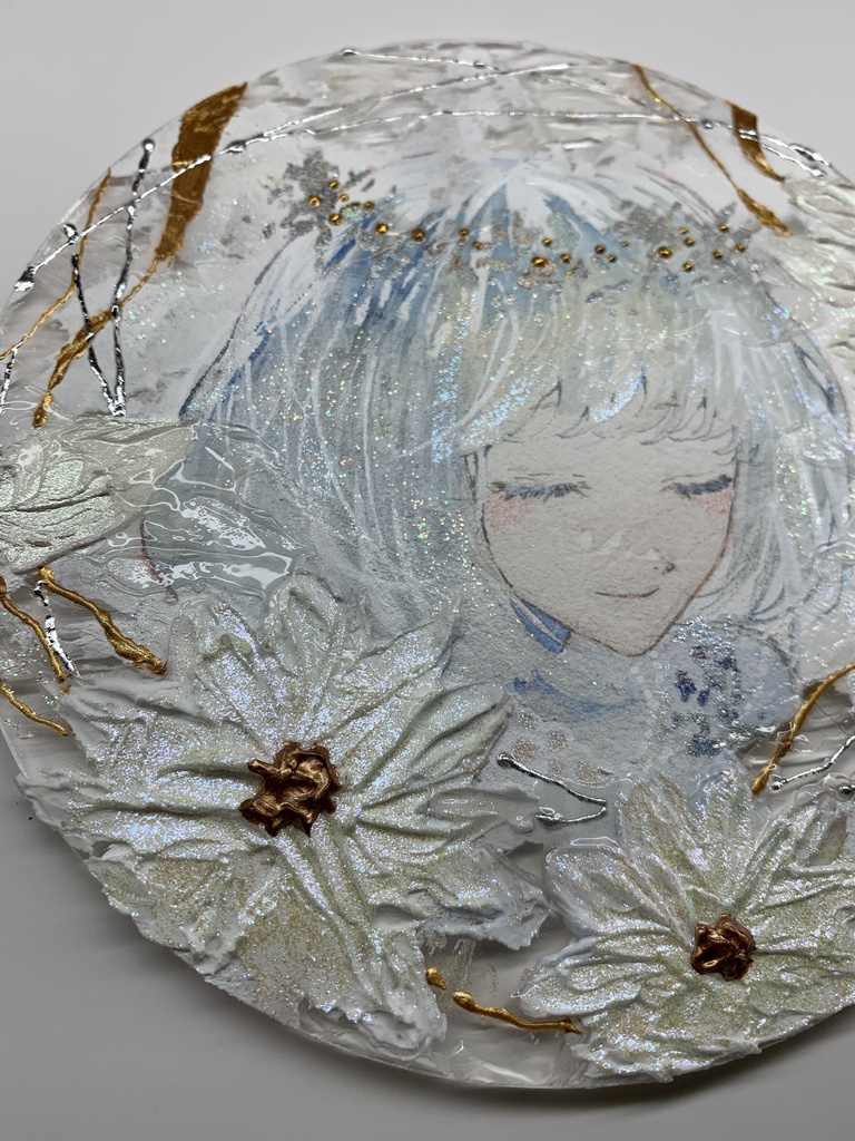 オリジナル 手描きイラスト 女の子 「祝福に囲まれて」 アクリル板 丸型サイズ 透明水彩