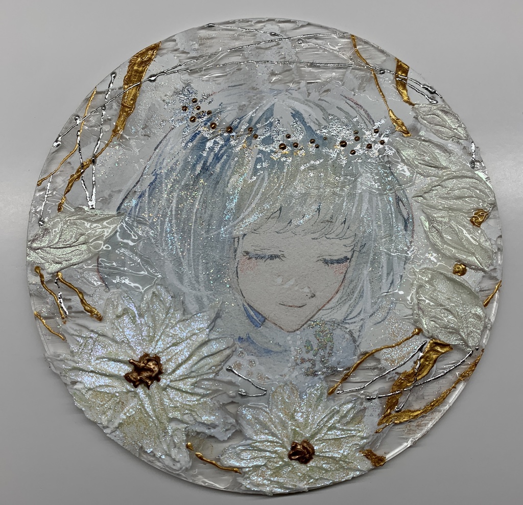 オリジナル 手描きイラスト 女の子 「祝福に囲まれて」 アクリル板 丸型サイズ 透明水彩