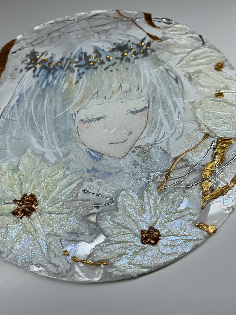 オリジナル 手描きイラスト 女の子 「祝福に囲まれて」 アクリル板 丸型サイズ 透明水彩