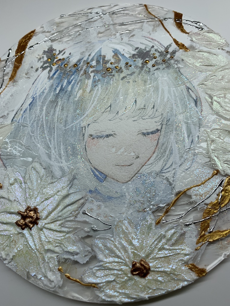 オリジナル 手描きイラスト 女の子 「祝福に囲まれて」 アクリル板 丸型サイズ 透明水彩