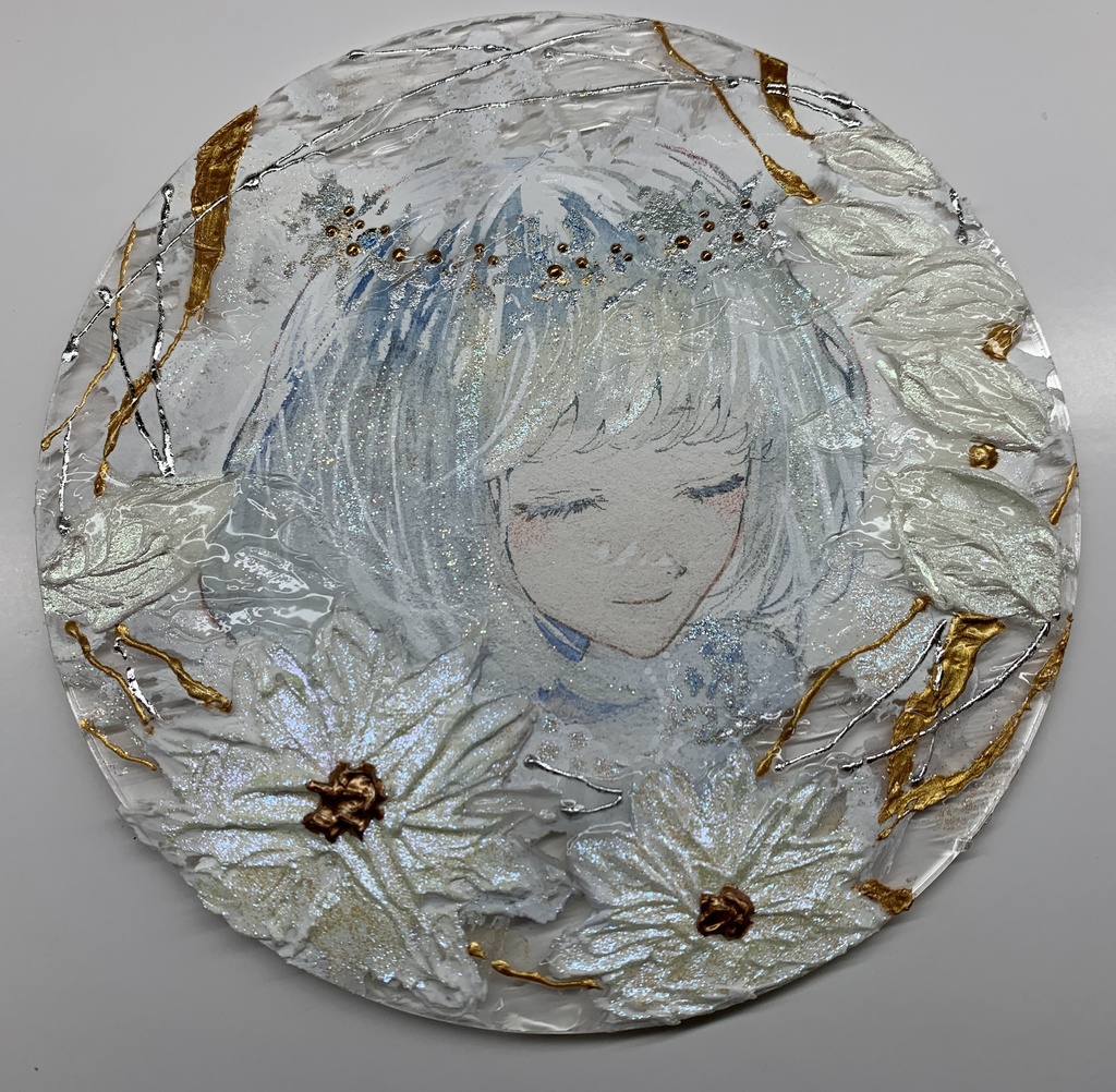 オリジナル 手描きイラスト 女の子 「祝福に囲まれて」 アクリル板 丸型サイズ 透明水彩