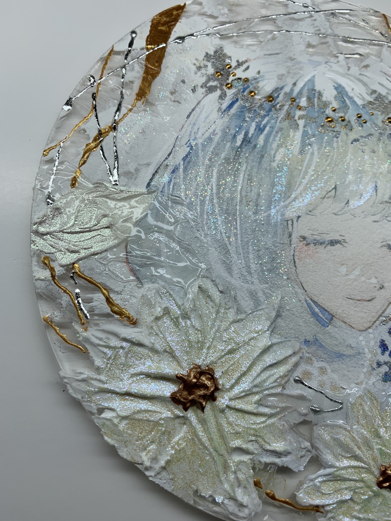 オリジナル 手描きイラスト 女の子 「祝福に囲まれて」 アクリル板 丸型サイズ 透明水彩