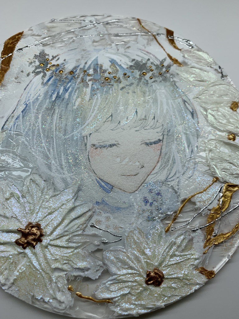 オリジナル 手描きイラスト 女の子 「祝福に囲まれて」 アクリル板 丸型サイズ 透明水彩