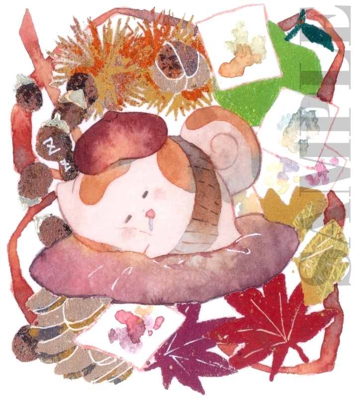 手描きイラスト オリジナル　「画家うたもちの優雅な一日」　原画　創作　うたもちシリーズ　秋田犬　1/4色紙サイズ　透明水彩