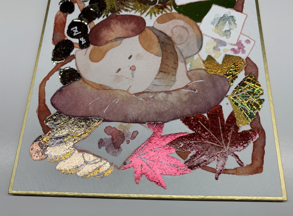 手描きイラスト オリジナル 「画家うたもちの優雅な一日」 原画 創作 うたもちシリーズ 秋田犬 1/4色紙サイズ 透明水彩