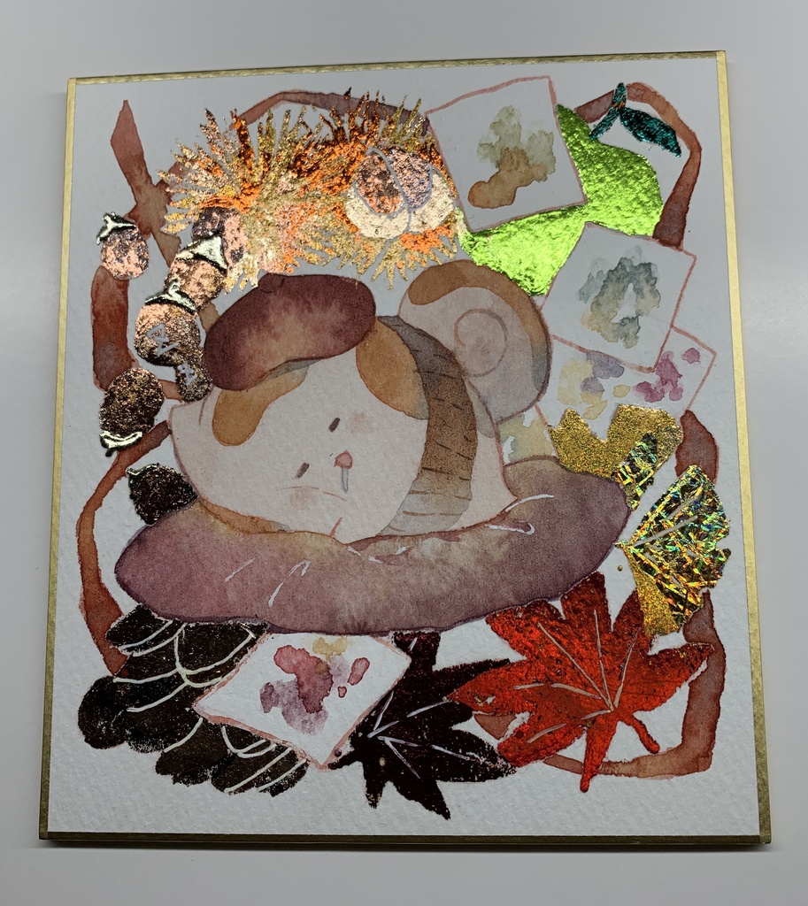 手描きイラスト オリジナル 「画家うたもちの優雅な一日」 原画 創作 うたもちシリーズ 秋田犬 1/4色紙サイズ 透明水彩