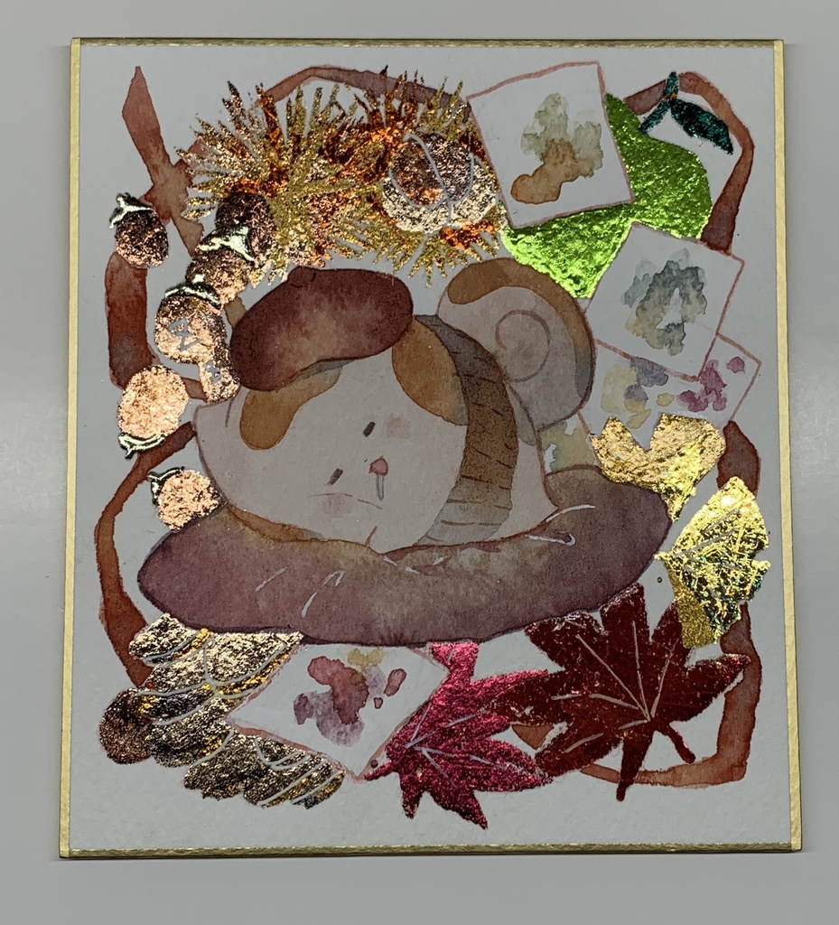 手描きイラスト オリジナル 「画家うたもちの優雅な一日」 原画 創作 うたもちシリーズ 秋田犬 1/4色紙サイズ 透明水彩