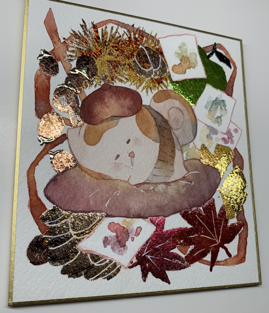 手描きイラスト オリジナル 「画家うたもちの優雅な一日」 原画 創作 うたもちシリーズ 秋田犬 1/4色紙サイズ 透明水彩