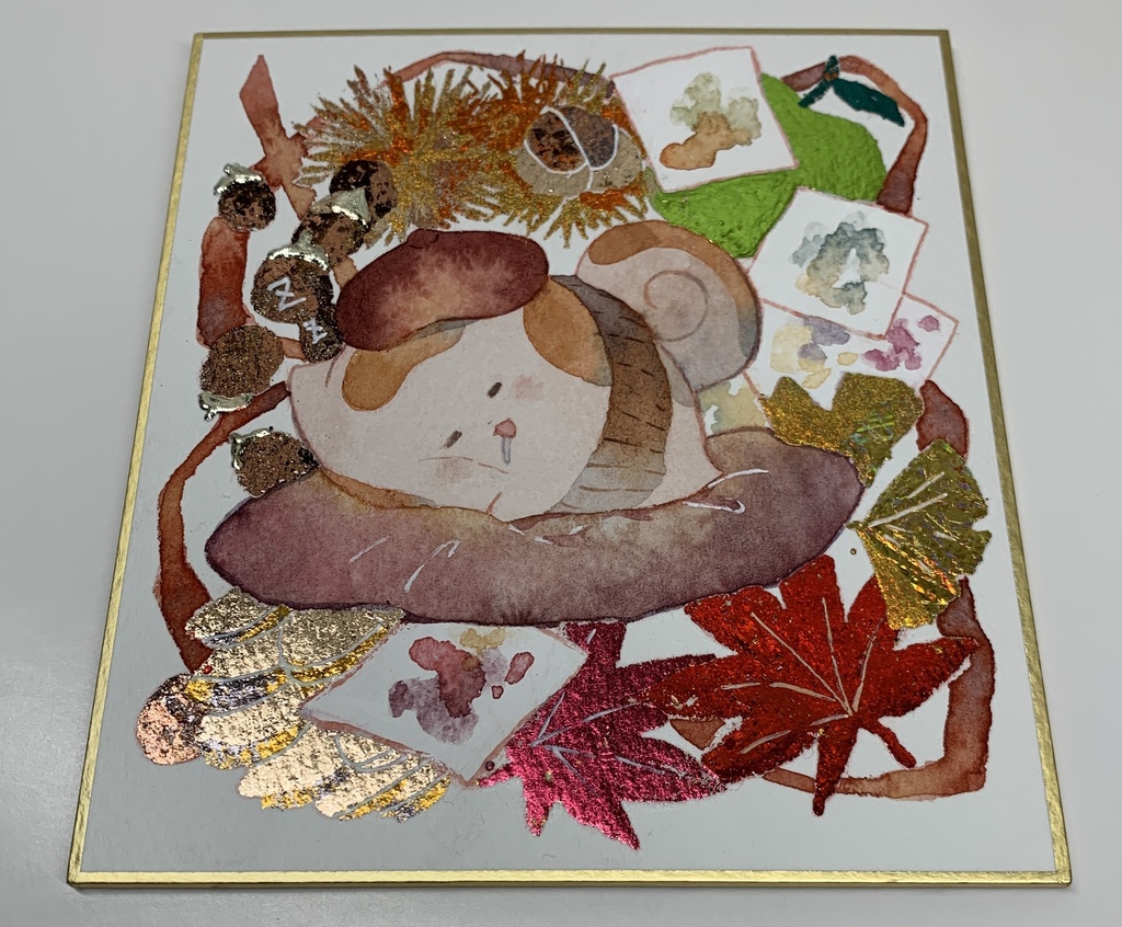 手描きイラスト オリジナル 「画家うたもちの優雅な一日」 原画 創作 うたもちシリーズ 秋田犬 1/4色紙サイズ 透明水彩