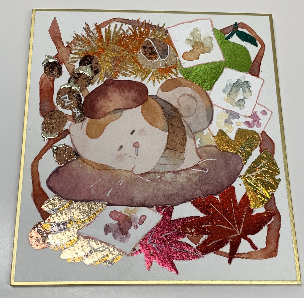 手描きイラスト オリジナル 「画家うたもちの優雅な一日」 原画 創作 うたもちシリーズ 秋田犬 1/4色紙サイズ 透明水彩