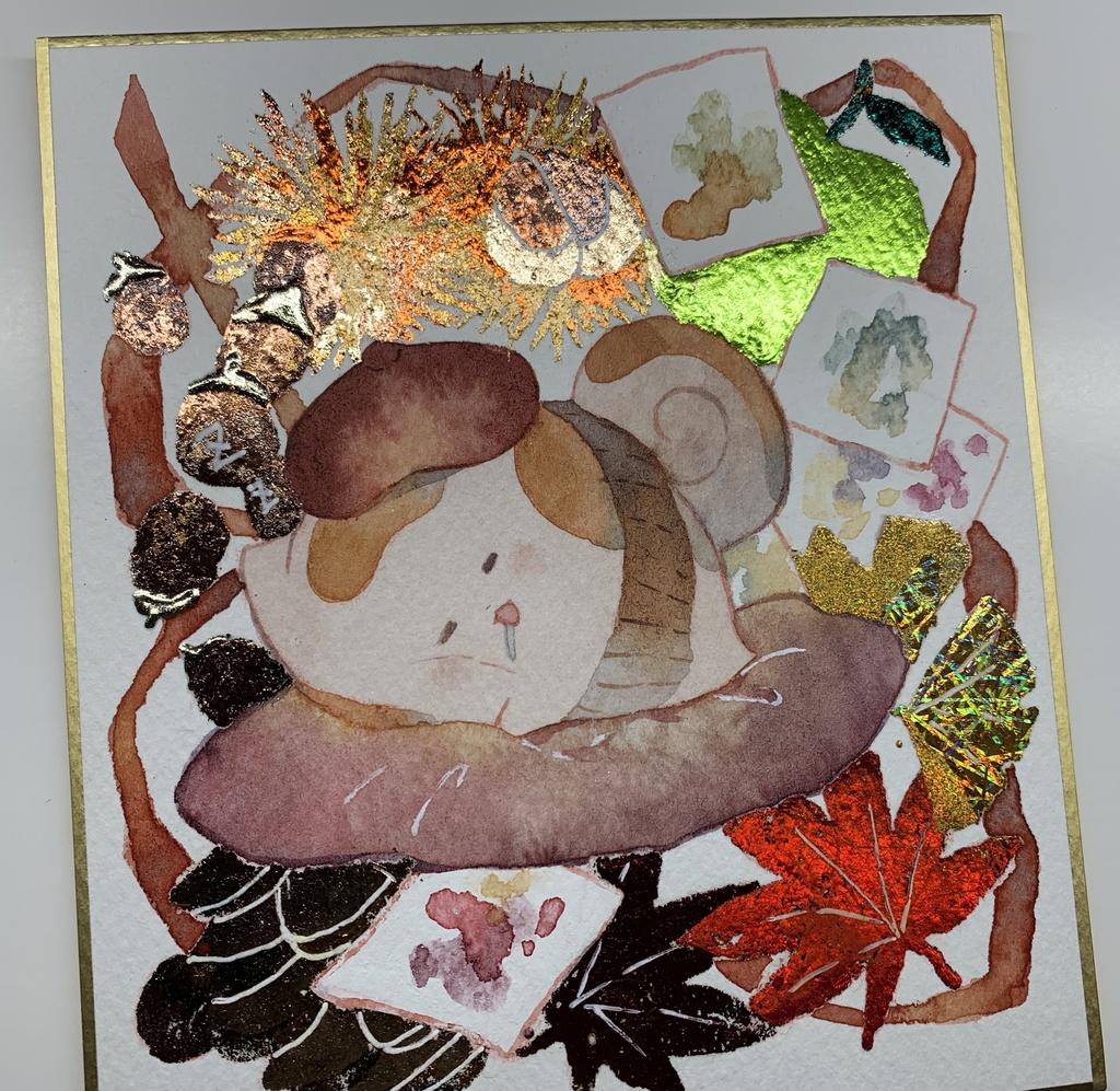 手描きイラスト オリジナル 「画家うたもちの優雅な一日」 原画 創作 うたもちシリーズ 秋田犬 1/4色紙サイズ 透明水彩