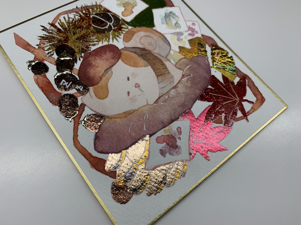 手描きイラスト オリジナル 「画家うたもちの優雅な一日」 原画 創作 うたもちシリーズ 秋田犬 1/4色紙サイズ 透明水彩