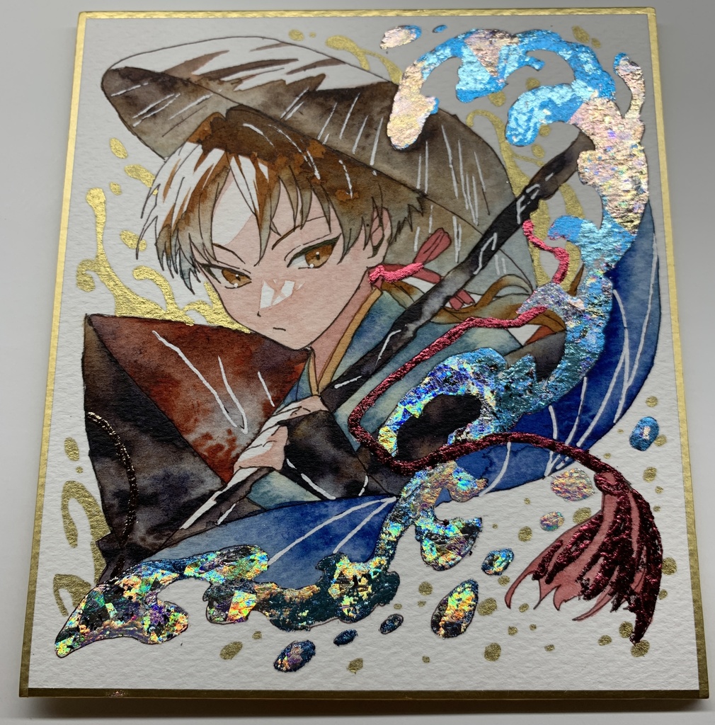 手描きイラスト オリジナル 「一寸法師」 原画 創作 男の子 青年 1/4色紙サイズ 透明水彩