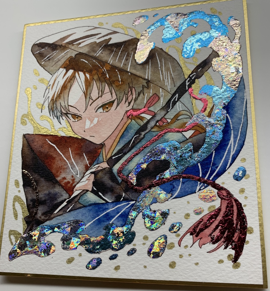 手描きイラスト オリジナル 「一寸法師」 原画 創作 男の子 青年 1/4色紙サイズ 透明水彩