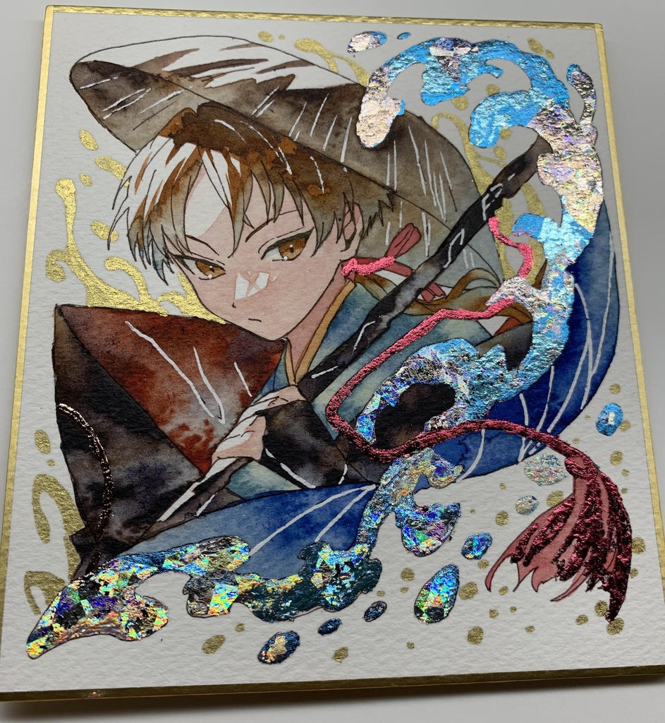 手描きイラスト オリジナル 「一寸法師」 原画 創作 男の子 青年 1/4色紙サイズ 透明水彩