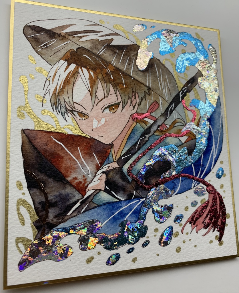 手描きイラスト オリジナル 「一寸法師」 原画 創作 男の子 青年 1/4色紙サイズ 透明水彩