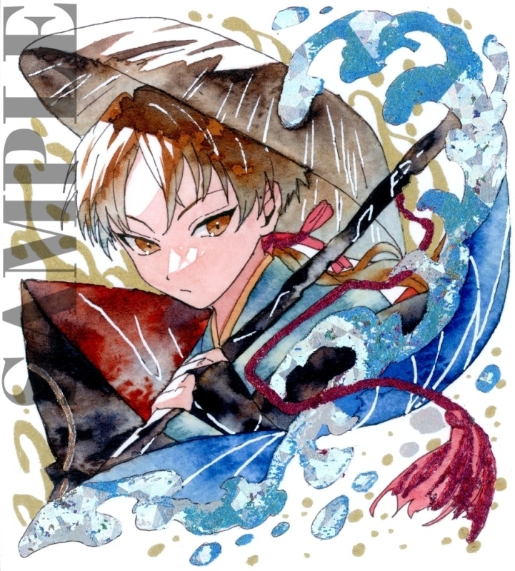 手描きイラスト オリジナル　「一寸法師」　原画　創作　男の子　青年　1/4色紙サイズ　透明水彩