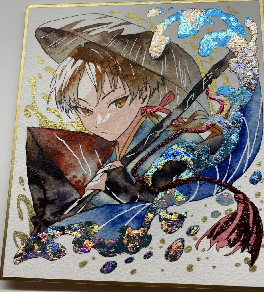 手描きイラスト オリジナル 「一寸法師」 原画 創作 男の子 青年 1/4色紙サイズ 透明水彩