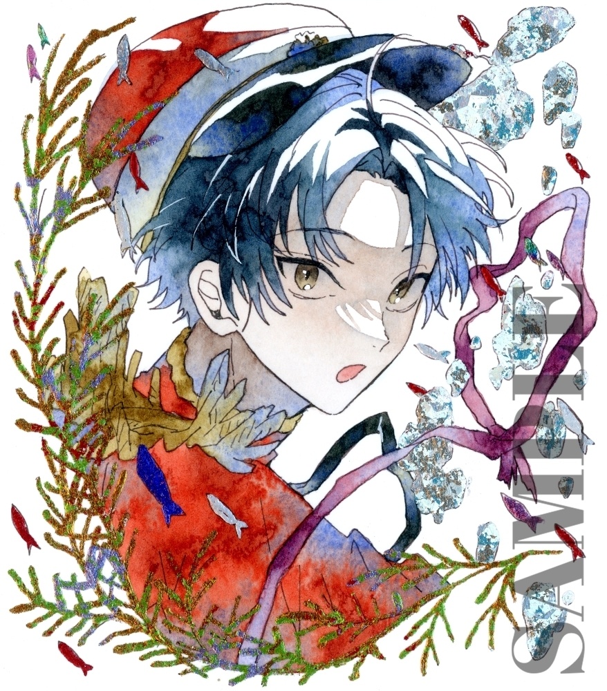 手描きイラスト オリジナル 「水中護衛」 原画 創作 男の子 青年 1/4色紙サイズ 透明水彩