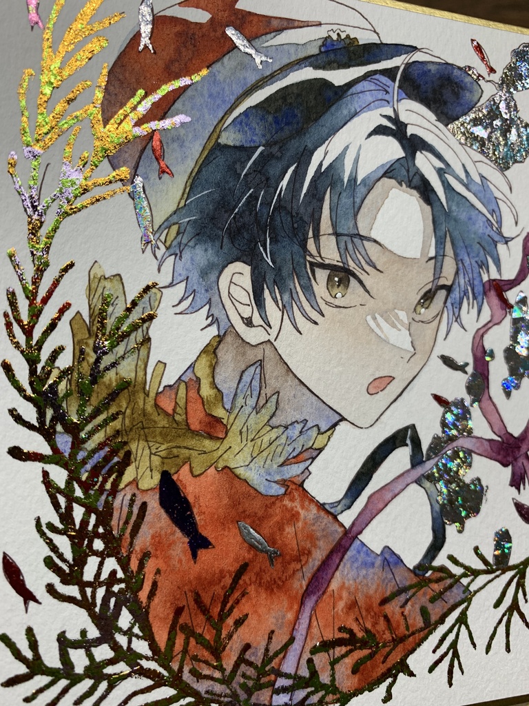 手描きイラスト オリジナル 「水中護衛」 原画 創作 男の子 青年 1/4色紙サイズ 透明水彩