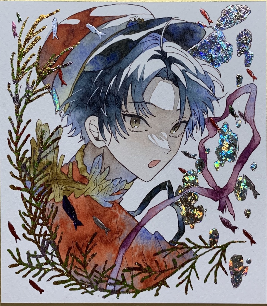 手描きイラスト オリジナル 「水中護衛」 原画 創作 男の子 青年 1/4色紙サイズ 透明水彩