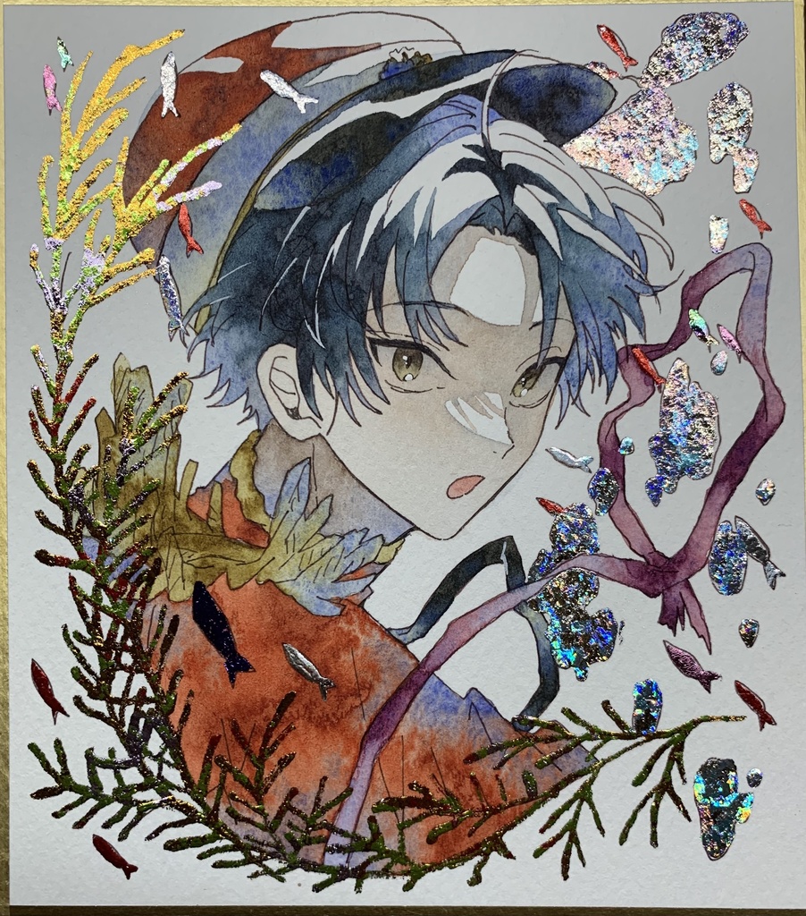 手描きイラスト オリジナル 「水中護衛」 原画 創作 男の子 青年 1/4色紙サイズ 透明水彩