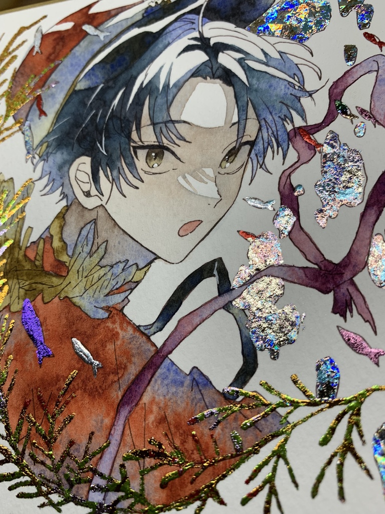 手描きイラスト オリジナル 「水中護衛」 原画 創作 男の子 青年 1/4色紙サイズ 透明水彩