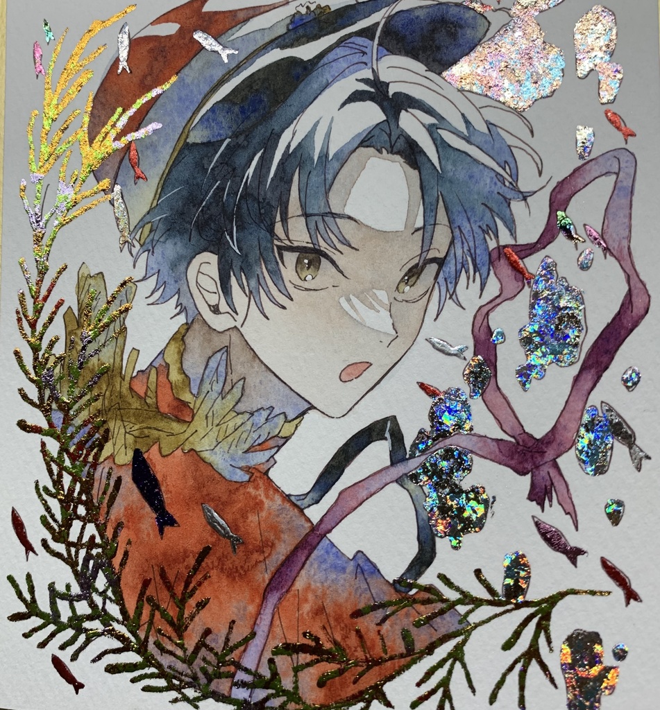 手描きイラスト オリジナル 「水中護衛」 原画 創作 男の子 青年 1/4色紙サイズ 透明水彩