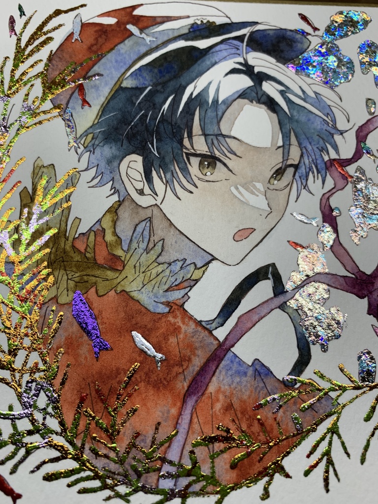 手描きイラスト オリジナル 「水中護衛」 原画 創作 男の子 青年 1/4色紙サイズ 透明水彩