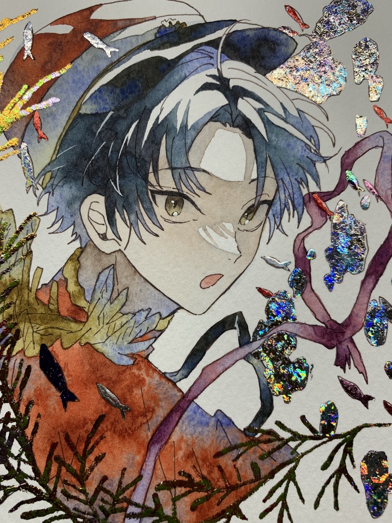 手描きイラスト オリジナル 「水中護衛」 原画 創作 男の子 青年 1/4色紙サイズ 透明水彩