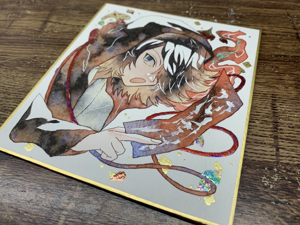 手描きイラスト オリジナル 十二支シリーズ 「猫」 原画 創作 男の子 青年 1/4色紙サイズ 透明水彩