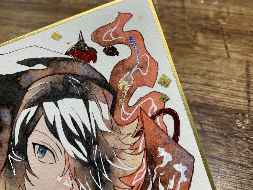 手描きイラスト オリジナル 十二支シリーズ 「猫」 原画 創作 男の子 青年 1/4色紙サイズ 透明水彩