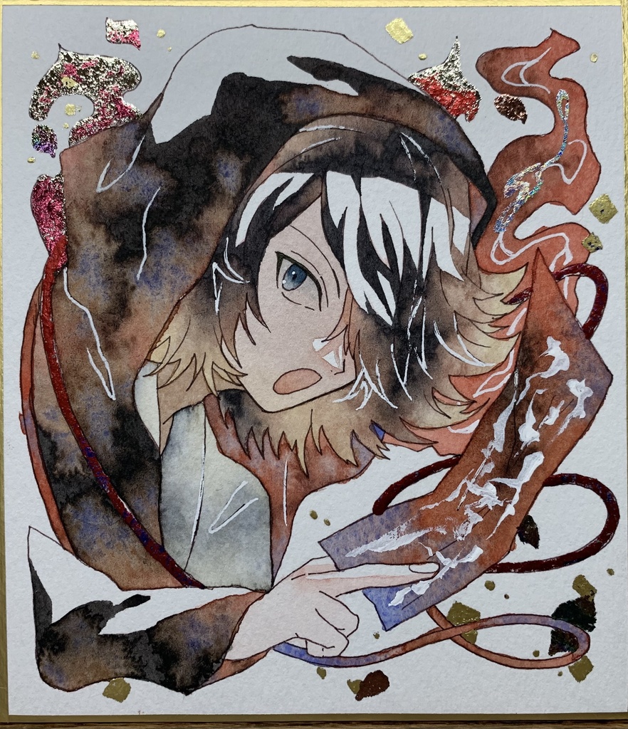 手描きイラスト オリジナル 十二支シリーズ 「猫」 原画 創作 男の子 青年 1/4色紙サイズ 透明水彩