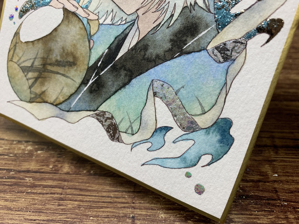 手描きイラスト オリジナル 「白狐の酒巡り」 原画 創作 男の子 青年 1/4色紙サイズ 透明水彩