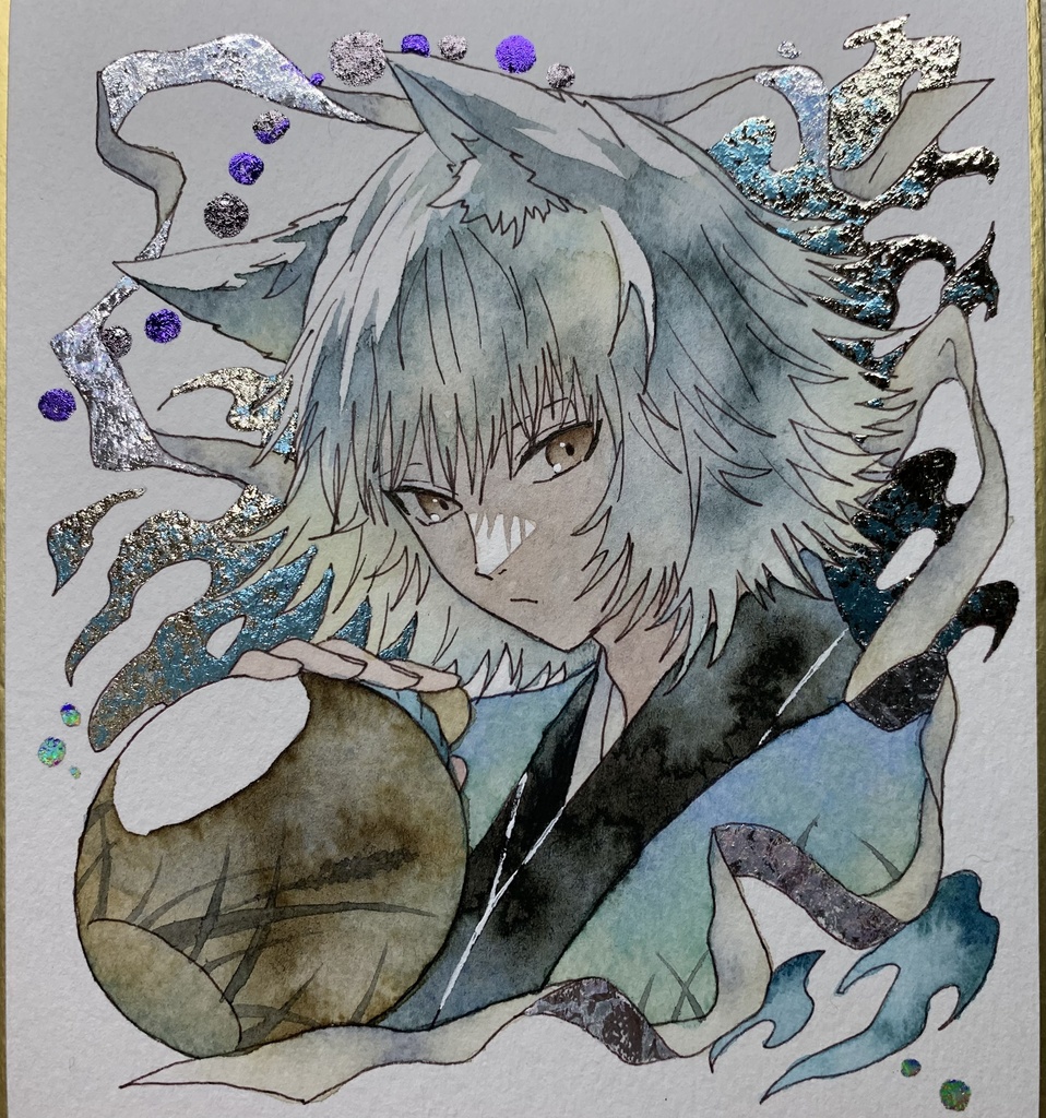 手描きイラスト オリジナル 「白狐の酒巡り」 原画 創作 男の子 青年 1/4色紙サイズ 透明水彩