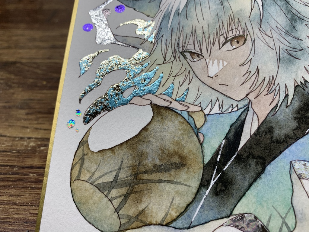 手描きイラスト オリジナル 「白狐の酒巡り」 原画 創作 男の子 青年 1/4色紙サイズ 透明水彩