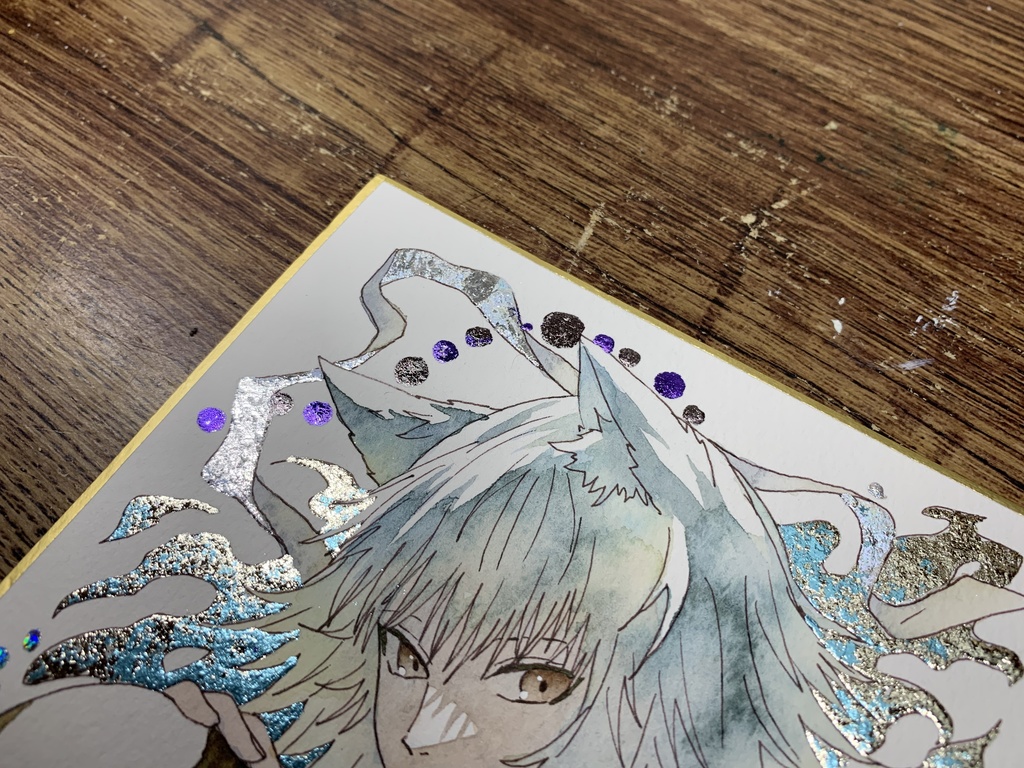 手描きイラスト オリジナル 「白狐の酒巡り」 原画 創作 男の子 青年 1/4色紙サイズ 透明水彩