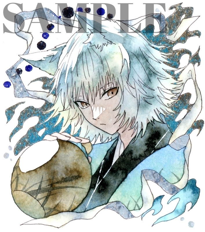 手描きイラスト オリジナル 「白狐の酒巡り」 原画 創作 男の子 青年 1/4色紙サイズ 透明水彩
