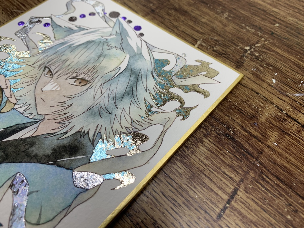 手描きイラスト オリジナル 「白狐の酒巡り」 原画 創作 男の子 青年 1/4色紙サイズ 透明水彩