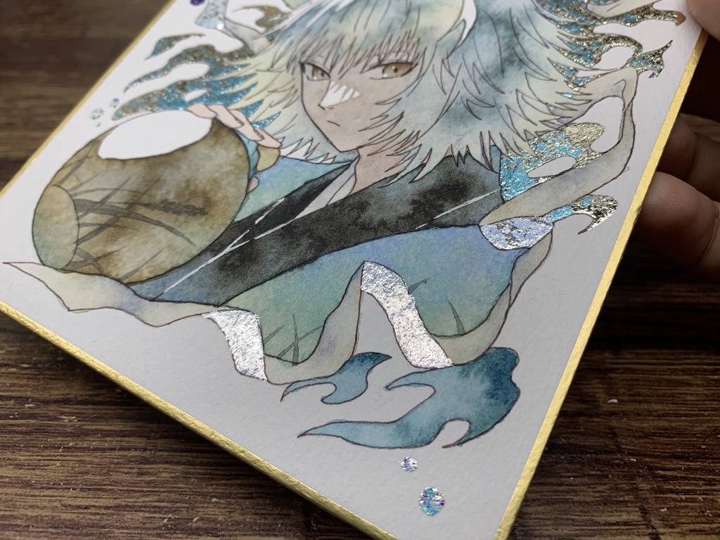 手描きイラスト オリジナル 「白狐の酒巡り」 原画 創作 男の子 青年 1/4色紙サイズ 透明水彩
