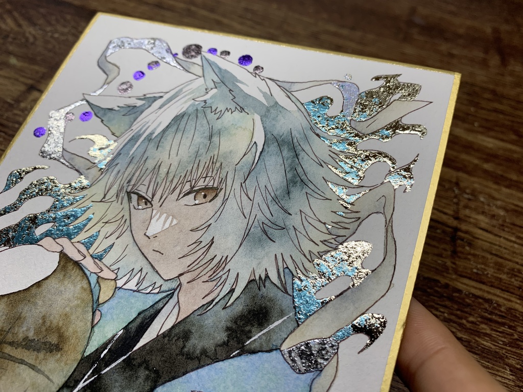 手描きイラスト オリジナル 「白狐の酒巡り」 原画 創作 男の子 青年 1/4色紙サイズ 透明水彩