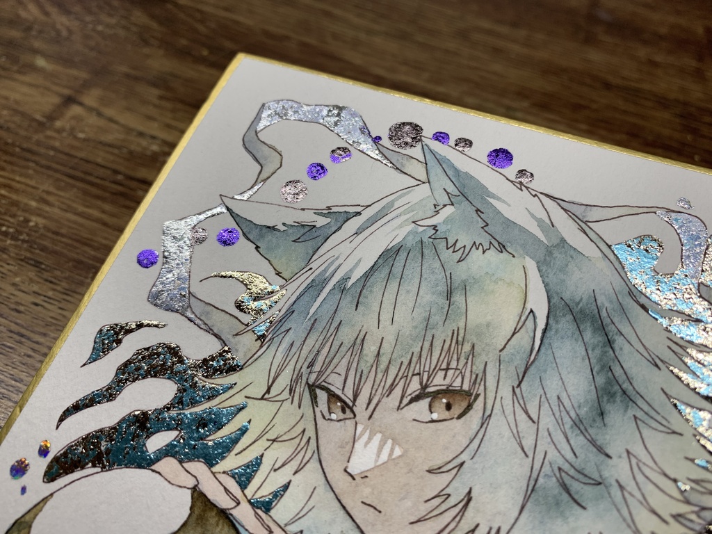 手描きイラスト オリジナル 「白狐の酒巡り」 原画 創作 男の子 青年 1/4色紙サイズ 透明水彩