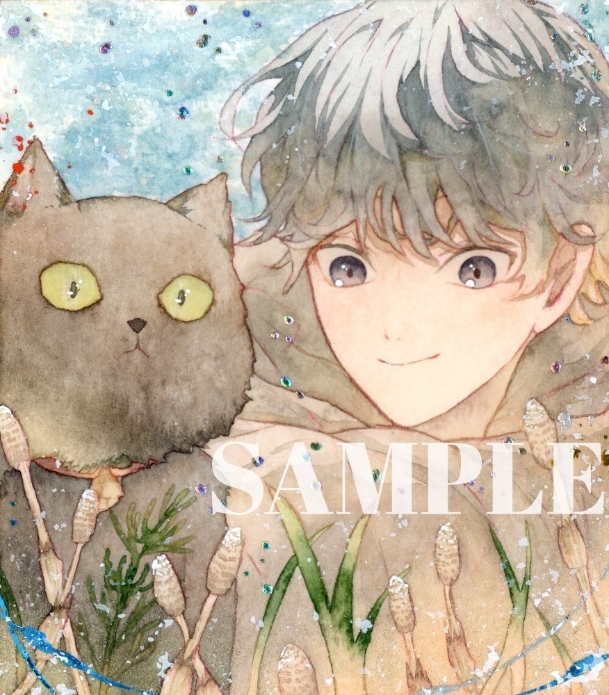 手描きイラスト オリジナル　「散歩の途中で」　原画　創作　男の子　青年　1/4色紙サイズ　透明水彩