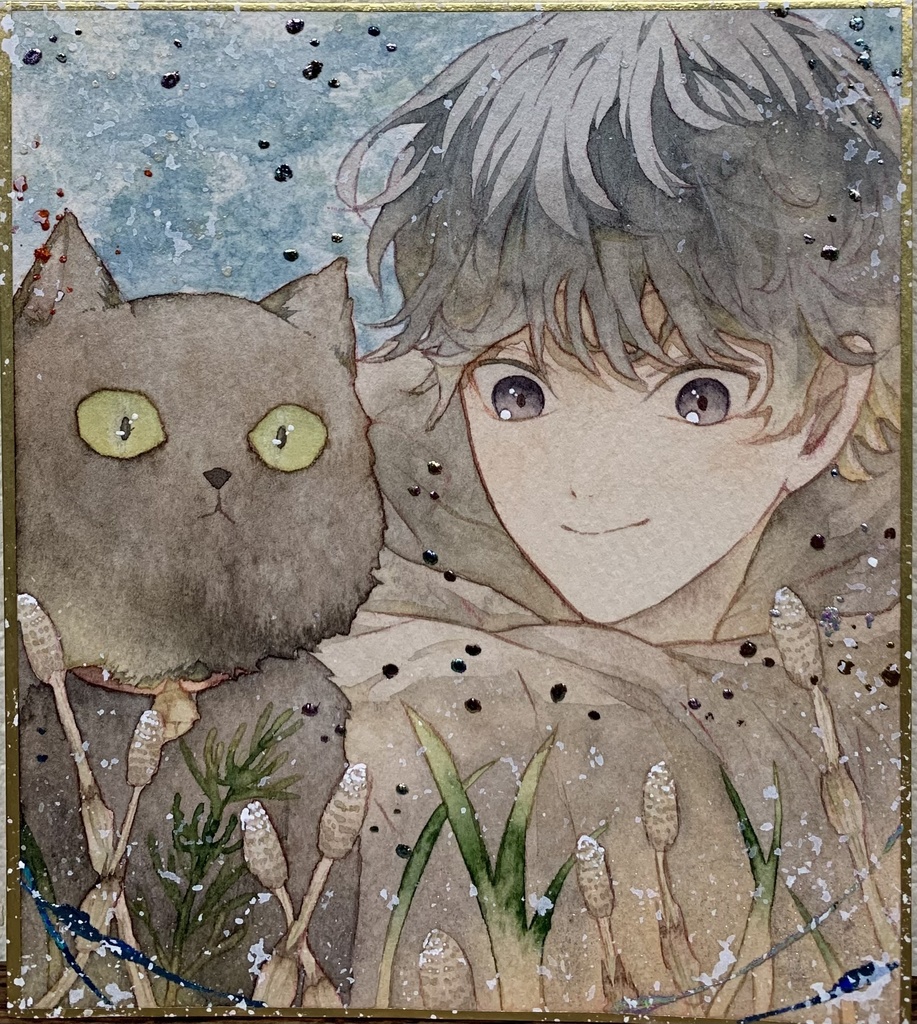 手描きイラスト オリジナル 「散歩の途中で」 原画 創作 男の子 青年 1/4色紙サイズ 透明水彩