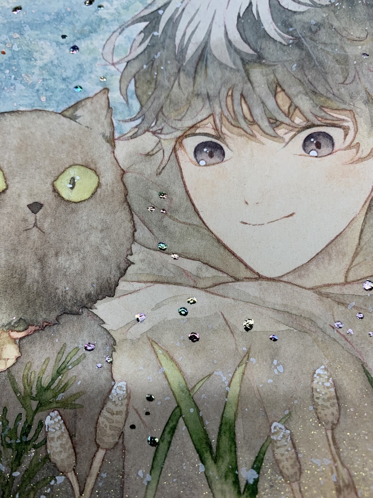 手描きイラスト オリジナル 「散歩の途中で」 原画 創作 男の子 青年 1/4色紙サイズ 透明水彩