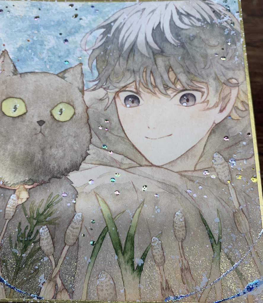 手描きイラスト オリジナル 「散歩の途中で」 原画 創作 男の子 青年 1/4色紙サイズ 透明水彩